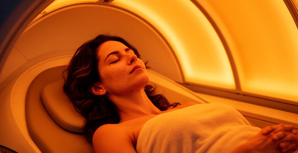 Cliente relaxée dans un dôme infrarouge lors d'une séance bien-être en institut
