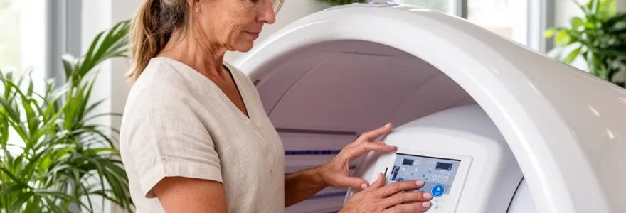 Esthéticienne préparant un équipement infrathérapie dôme dans un institut de beauté lumineux