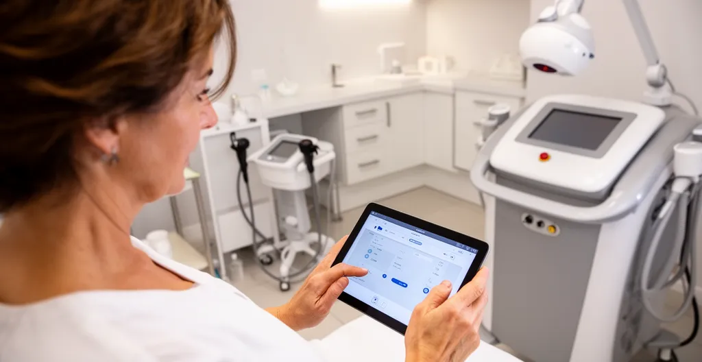 Gérante d'institut vérifiant les paramètres de son équipement infrathérapie