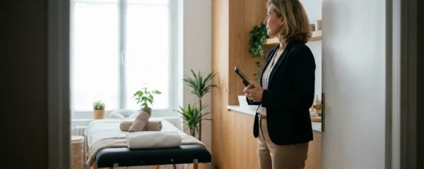 Gérante d'institut vérifiant l'aménagement d'une cabine bien-être