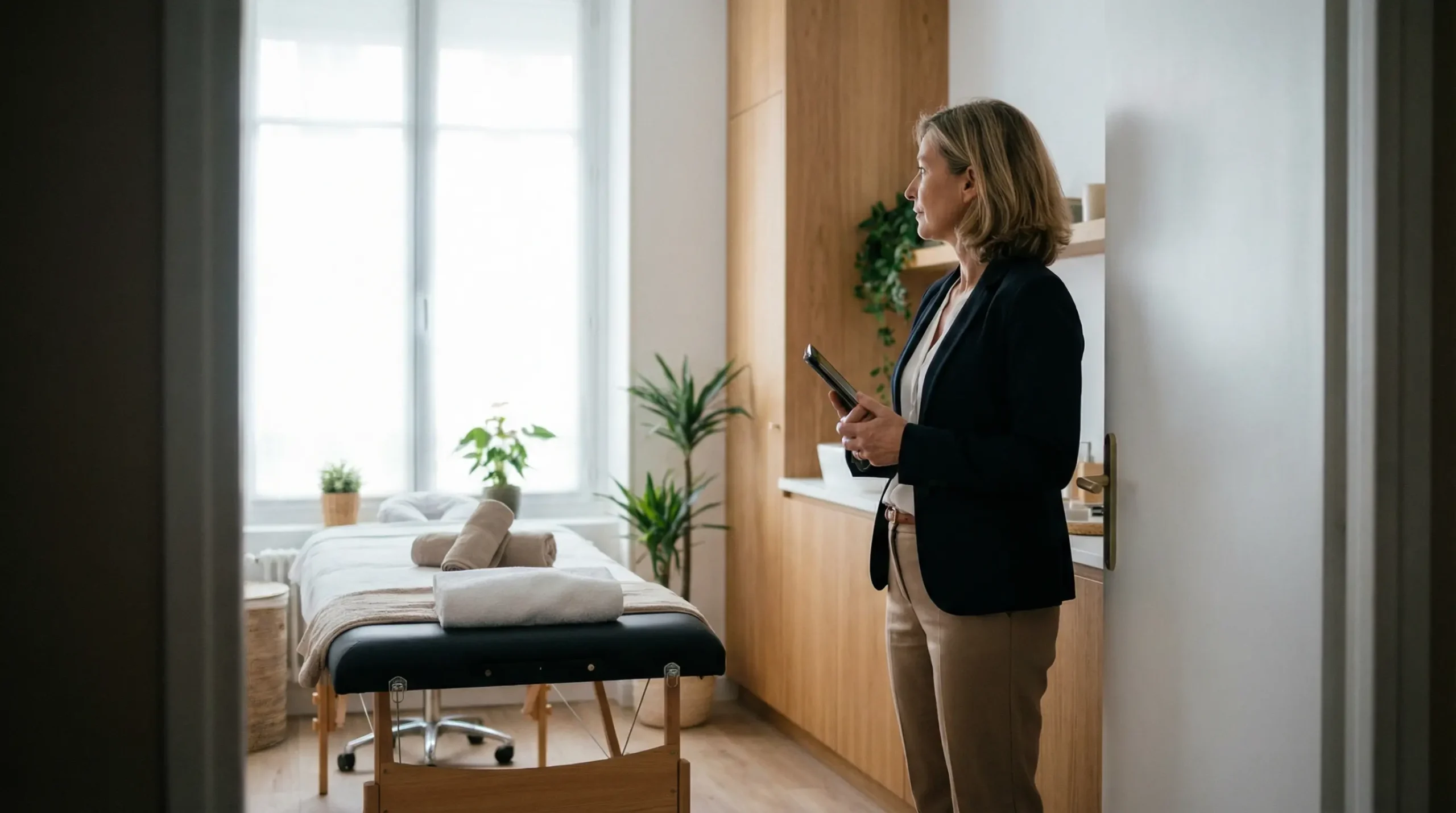 Gérante d'institut vérifiant l'aménagement d'une cabine bien-être