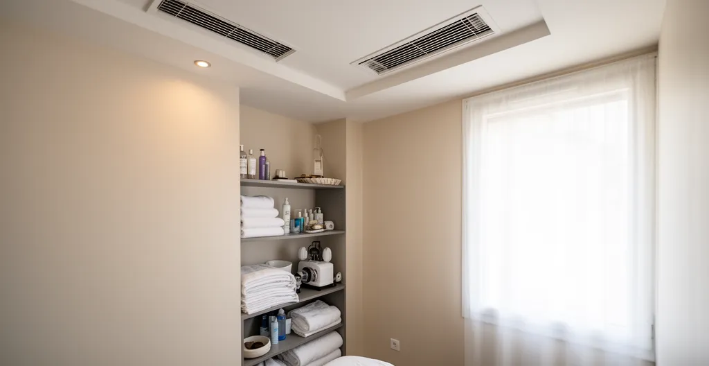 Vue d'ensemble d'une cabine bien-être avec zone de rangement dans un institut